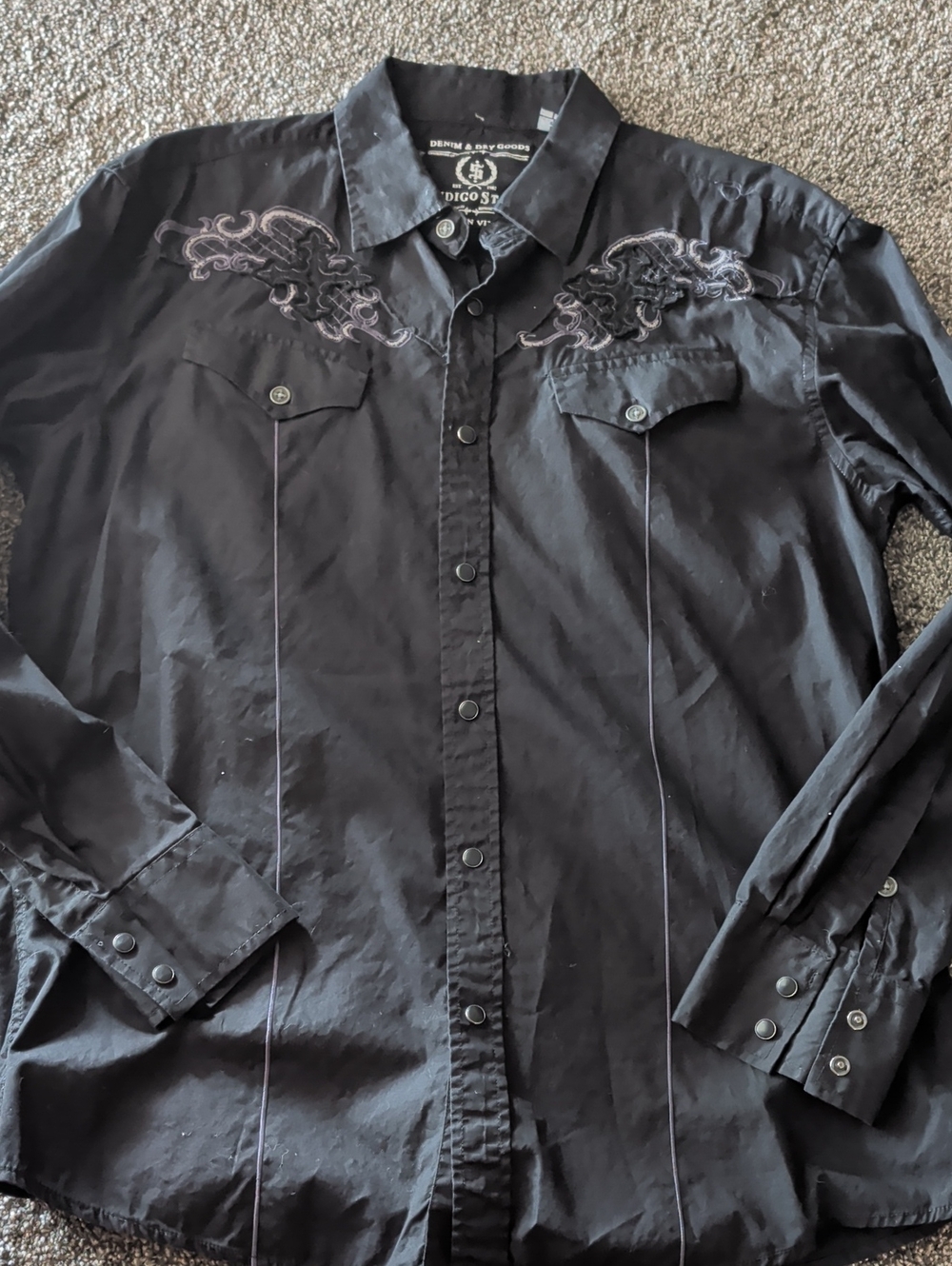 Indigo Star Men’s Black Embroidered Western Snap-Down Shirt